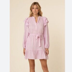 FRNCH Lavender Picnic Check Frill Balloon Sleeve Belted Mini Dress Size Medium